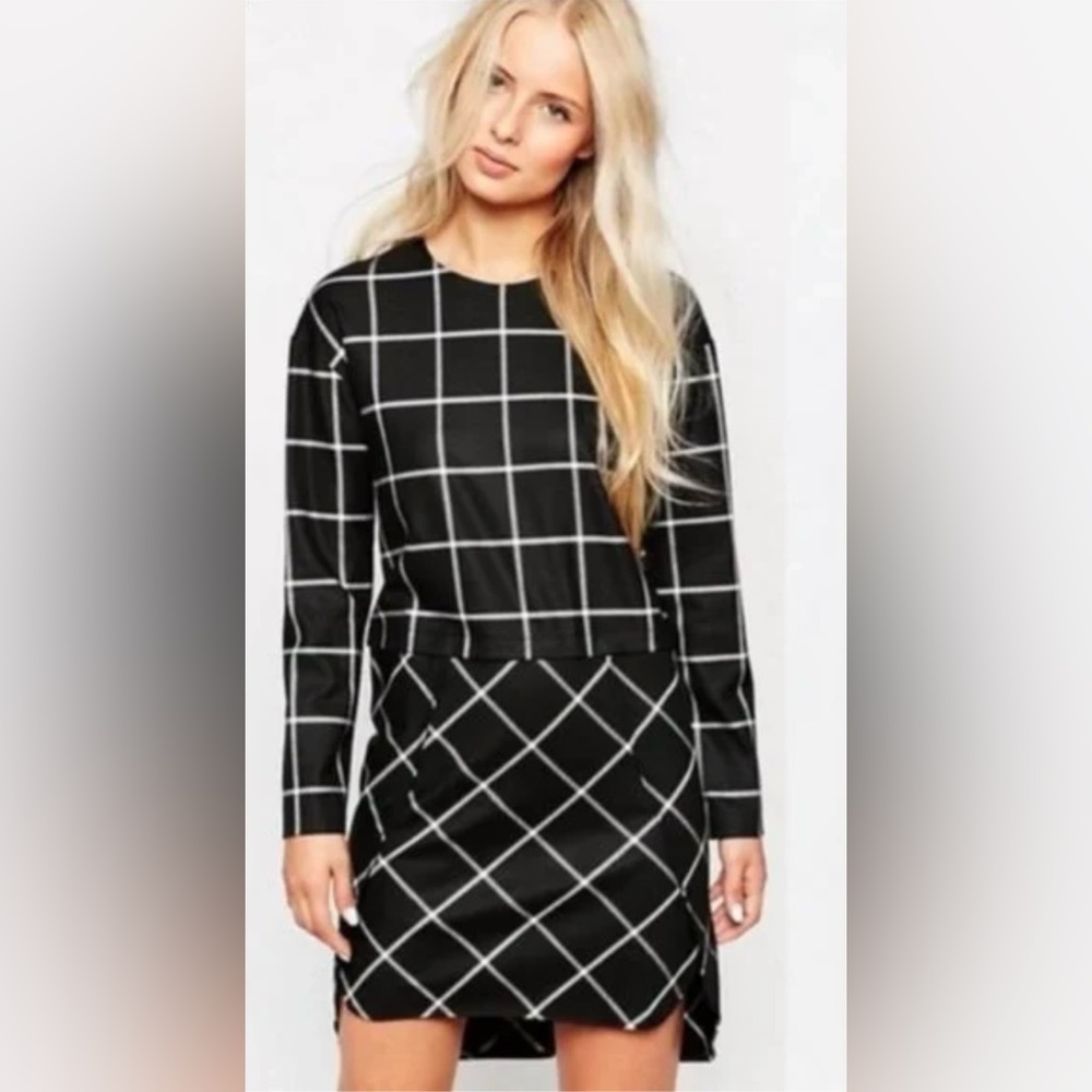 French Connection 'Fast Ciao' Windowpane Check Long Sleeve Shift‎ Dress Size 12